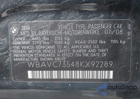 2008 BMW 328Xi from USA, damaged, VIN WBAVC73548KX92289